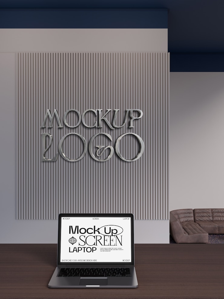 PSD laptop and logo effect on wall  mockup