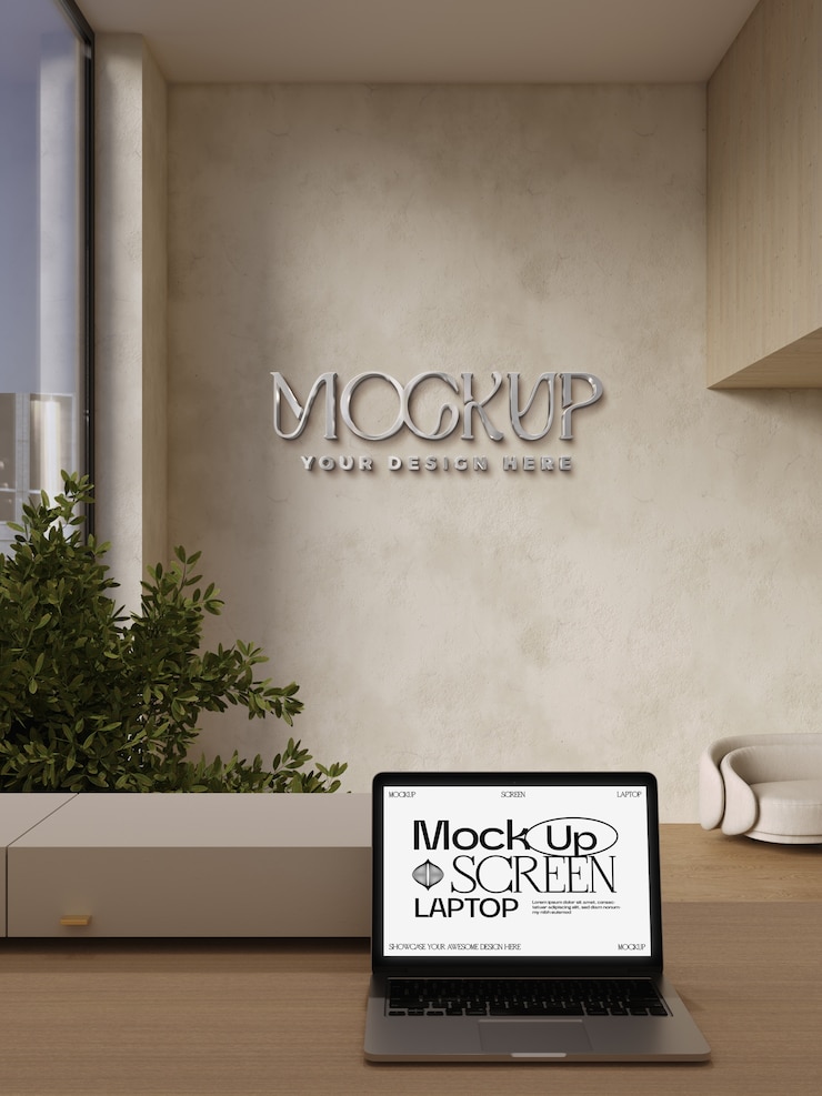 PSD laptop and logo effect on wall  mockup