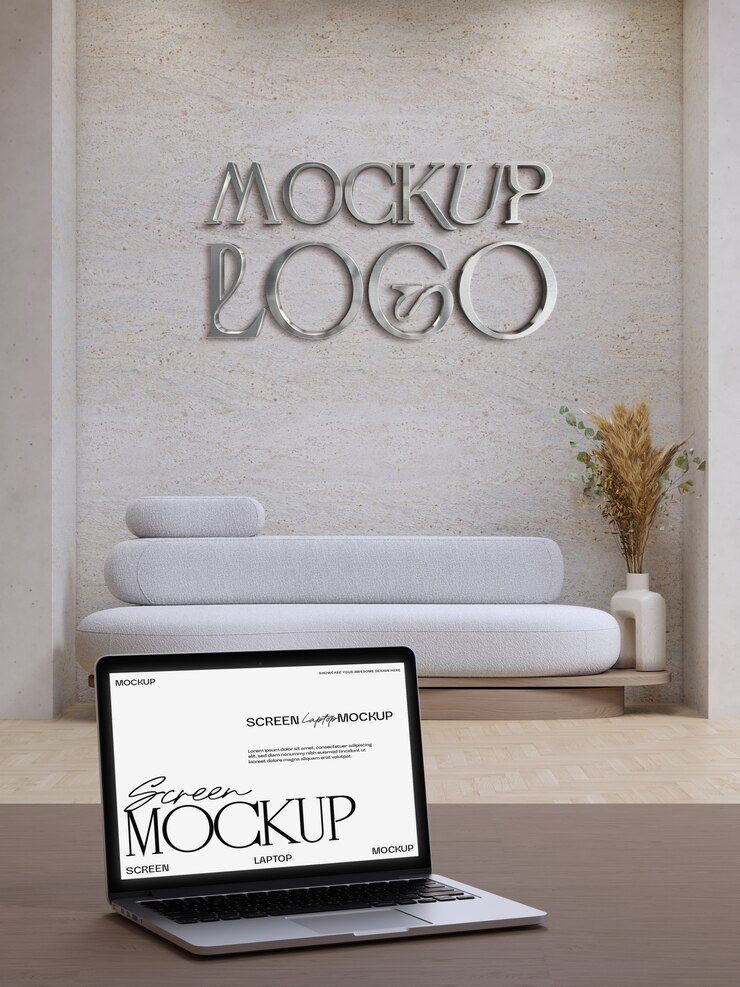 PSD laptop and logo effect on wall  mockup