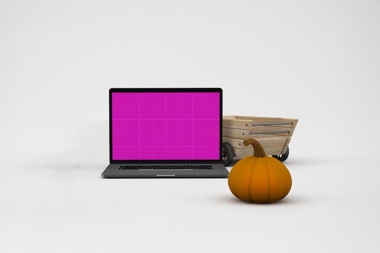 PSD laptop and pumpkin with a cart in the autumn season