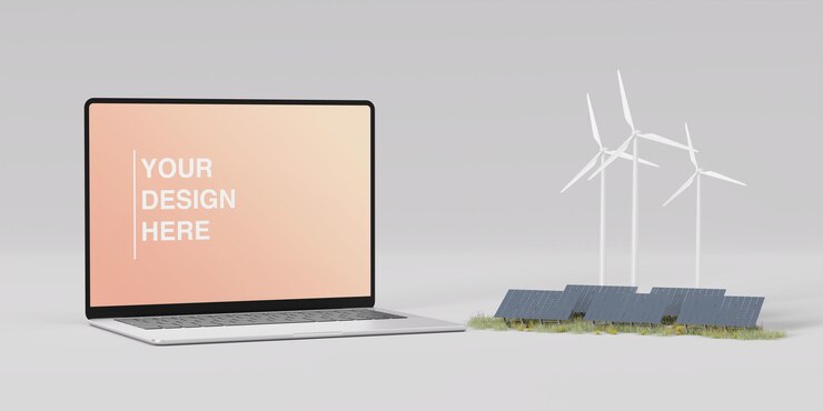 PSD laptop-attrappe in der nähe von sonnenkollektoren und windkraftanlagen