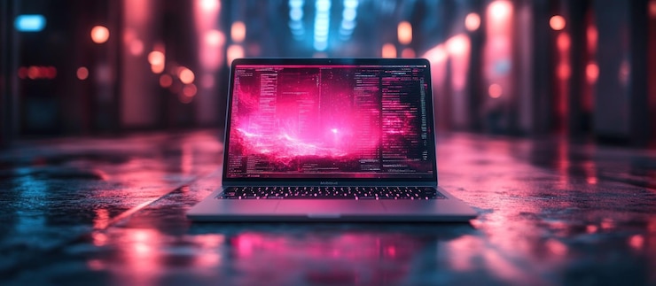 PSD laptop auf einer nassen oberfläche mit neonlichtern im hintergrund