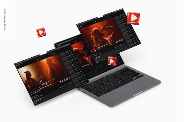Laptop-Bildschirm mit Social Network Icon Mockup, Perspektive