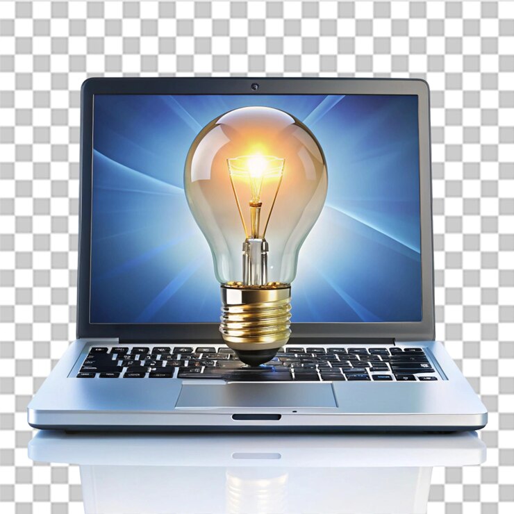PSD laptop con una bombilla en la pantalla aislada sobre un fondo transparente