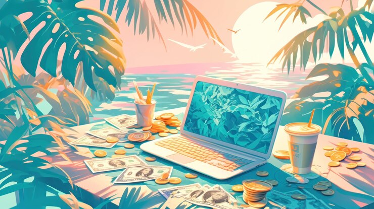 PSD laptop café y dinero en una mesa con palmeras y puesta de sol en el fondo