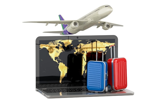 Laptop com avião e malas Global Air Travel conceito renderização 3D isolado em fundo transparente