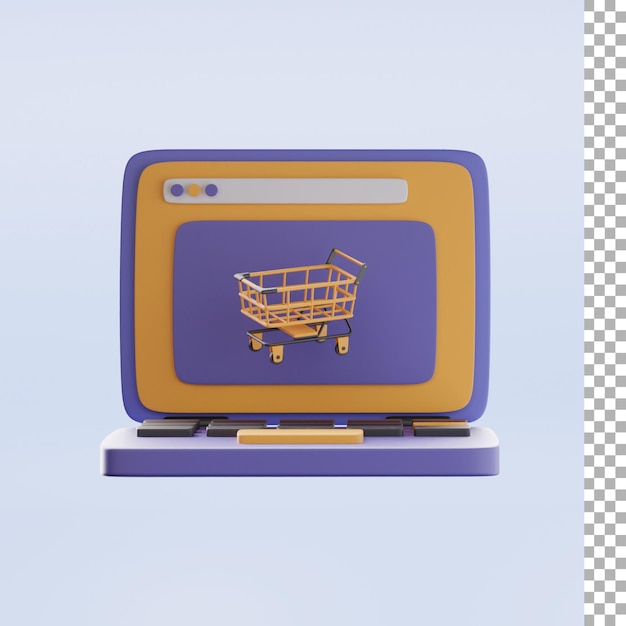 Laptop com carrinho de compras renderização 3d