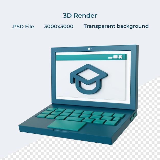 Laptop com chapéu de formatura em renderização 3d de fundo transparente