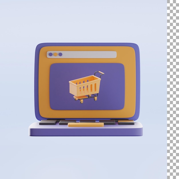 Laptop com ilustração 3d de carrinho de compras