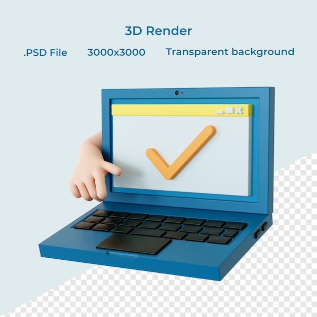 PSD laptop com marca de seleção na renderização 3d de fundo transparente