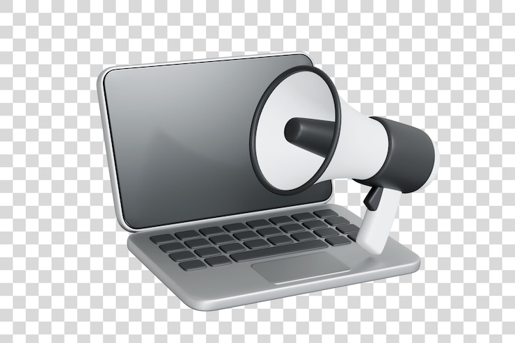PSD laptop com megafone simbolizando anúncios on-line