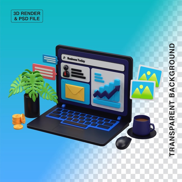 PSD laptop com negócios hoje ilustração 3d