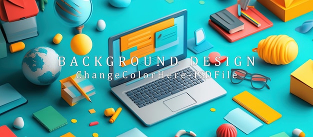 Laptop com objetos 3D coloridos em fundo azul