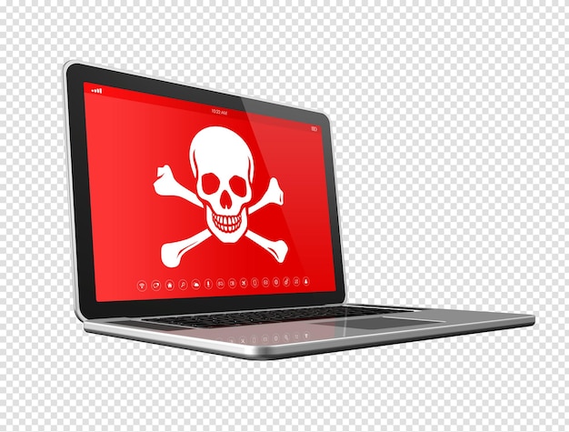 Laptop com um símbolo de pirata na tela Conceito de hacking