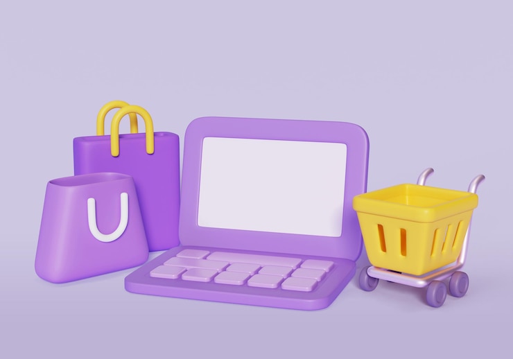 PSD laptop de compras en línea y carrito de compras y bolsas de compras gráficos 3d