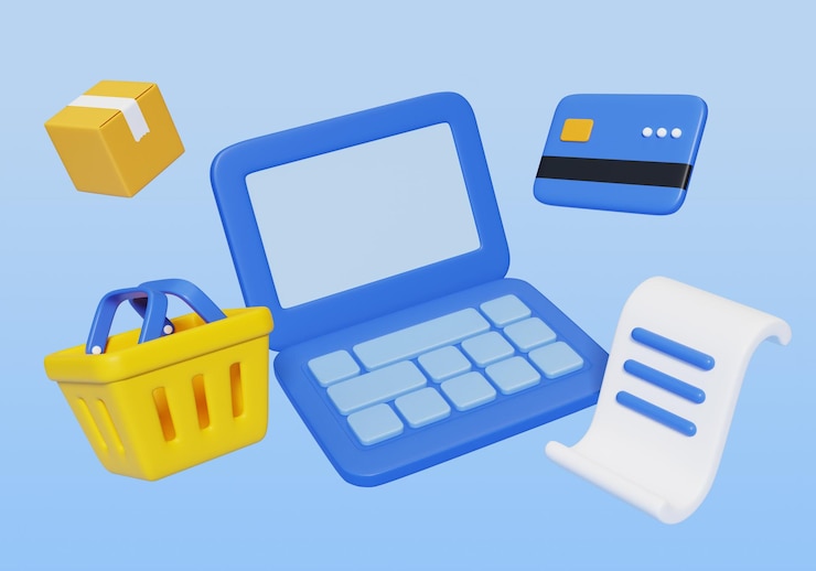 PSD laptop de compras en línea y carrito de compras y tarjeta de crédito y recibo gráfico 3d