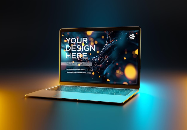 Laptop-Computer auf Schwarz mit blau-orange Lichtern Mockup