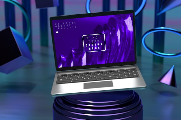 Laptop-Computer-Bildschirmmodell über dem dreifachen neonvioletten Zylindersockel mit blauem Hintergrund Produktpräsentationsbühnenanzeige durch 3D-Rendering