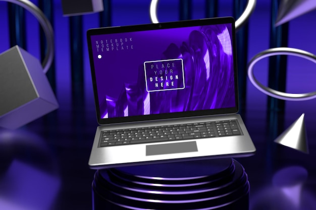 Laptop-Computer-Bildschirmmodell über dem dreifachen neonvioletten Zylindersockel mit violetter Hintergrundproduktpräsentationsbühnenanzeige durch 3D-Rendering