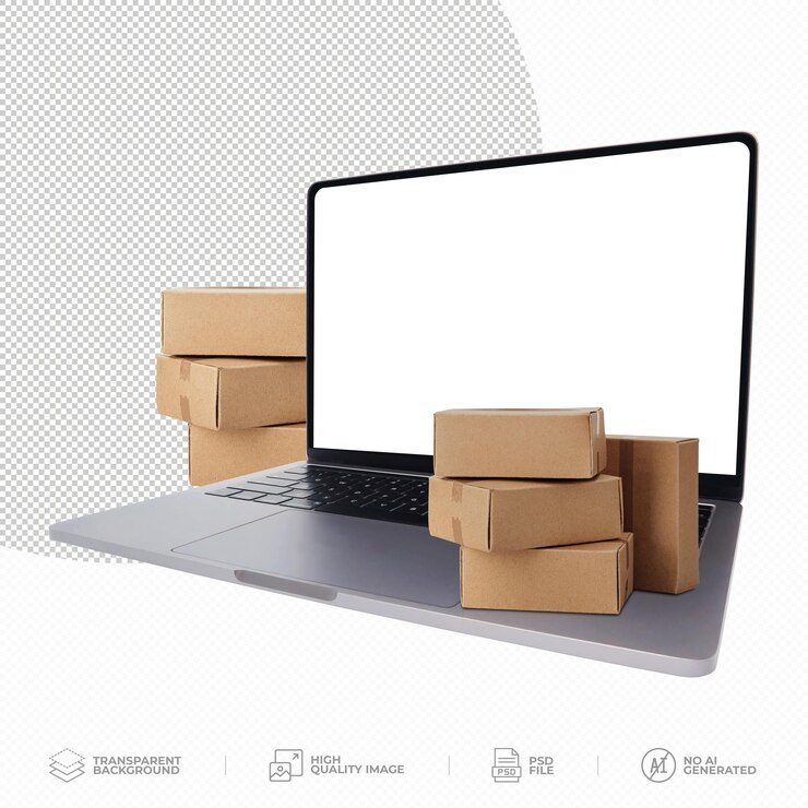 PSD laptop-computer mit kartonverpackung auf durchsichtigem hintergrund psd