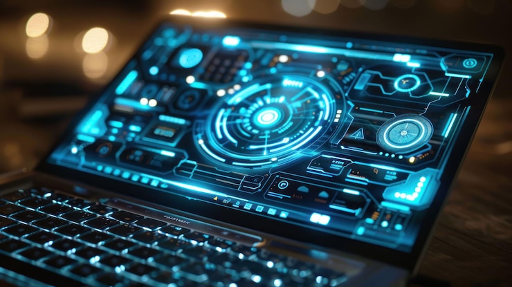 PSD laptop con un'interfaccia utente futuristica che visualizza dati bianchi e blu