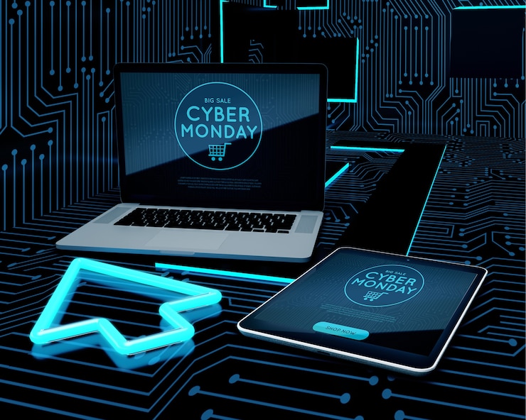 PSD laptop dan tablet di samping klik neon