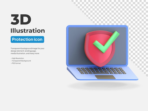 Laptop data protection icon with shield and check mark 3d render illustration