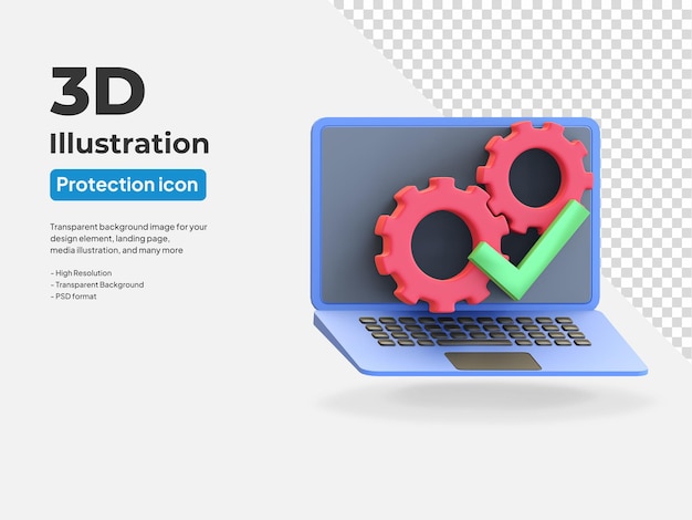 PSD laptop-datenschutzsymbol-sicherheitsupdate mit ausrüstung und häkchen 3d-rendering-darstellung