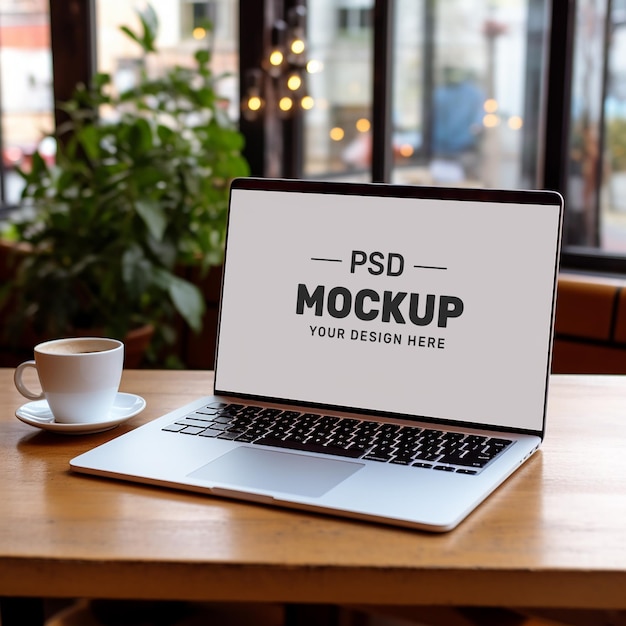 Laptop de modelo PSD na mesa de madeira