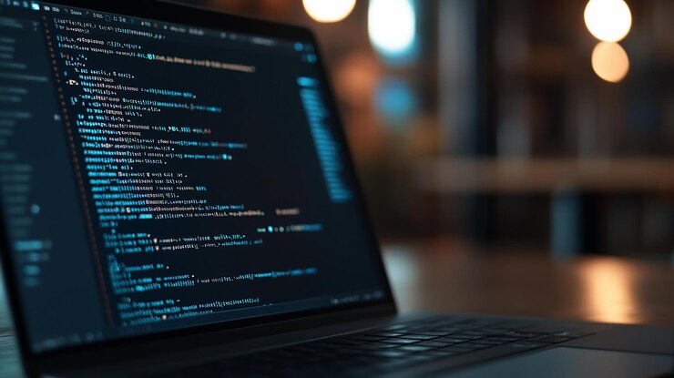 PSD laptop, der codezeilen anzeigt, verschwommener café-hintergrund