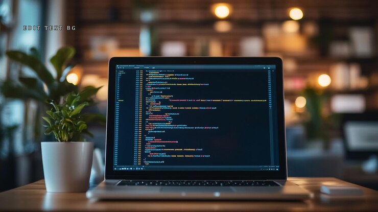 PSD laptop, der den code auf dem bildschirm anzeigt, wird neben ihm auf einem holztisch in einem warmen, beleuchteten raum gepflanzt
