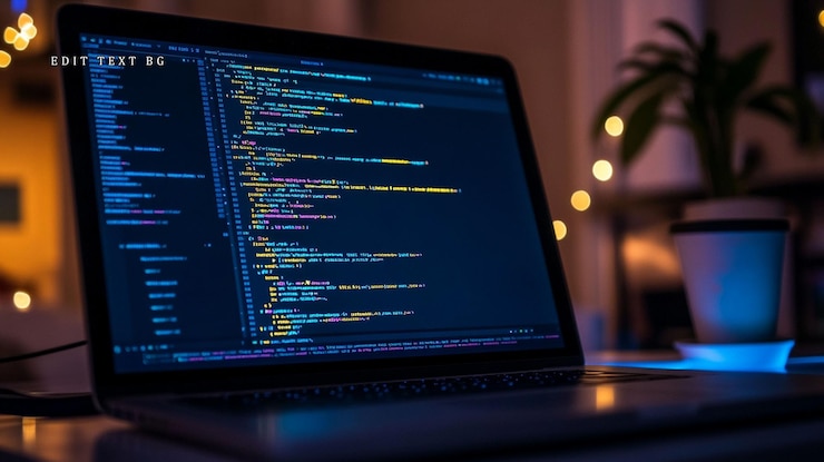 PSD laptop, der nachts codezeilen anzeigt