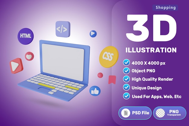 PSD laptop con diferentes idiomas y iconos de medios alrededor