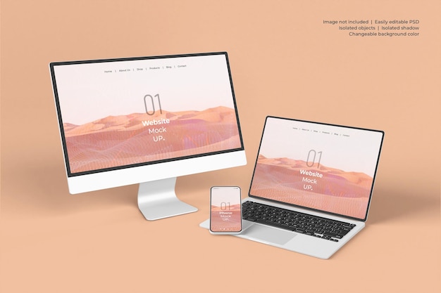 Laptop e desktop com maquete de apresentação de site de smartphone isolada