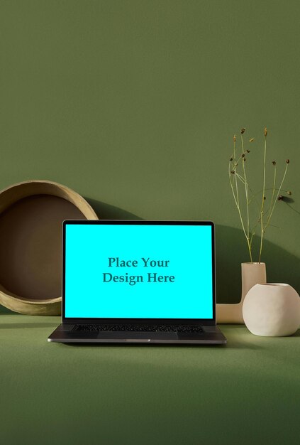 Laptop em sala Mockup PSD