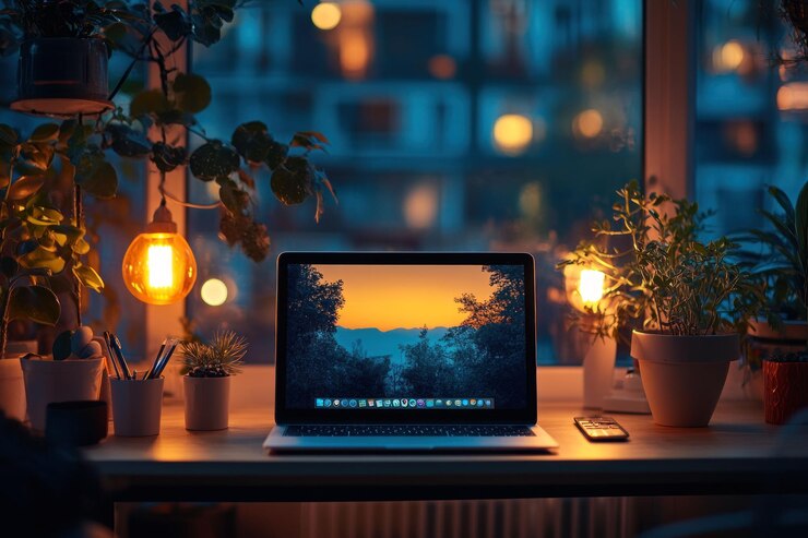 PSD laptop en el escritorio con plantas y luces por la noche mostrando un papel tapiz de escritorio pintoresco