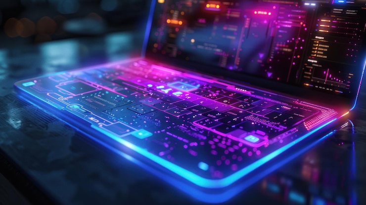 PSD laptop futurista com teclado brilhante, luzes de néon e uma interface digital
