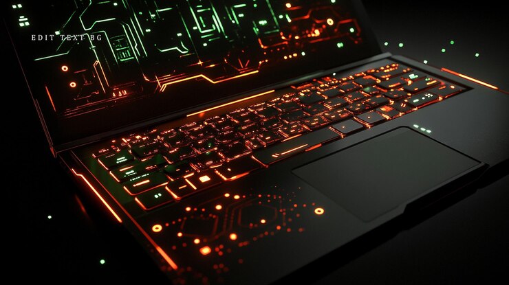PSD laptop futurista con diseño de placa de circuito brillante en la pantalla y el teclado