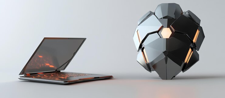 PSD laptop futurista y esfera geométrica