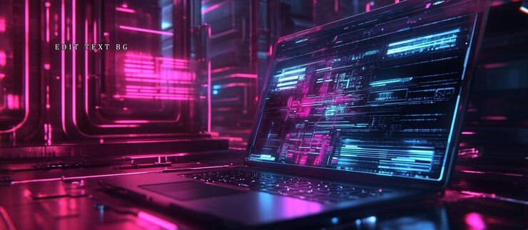 PSD laptop futurista exibindo dados digitais em uma sala de servidores com iluminação de néon