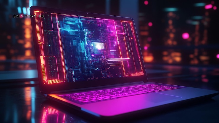 PSD laptop futurista exibindo interface de placa de circuito vibrante em luzes de néon