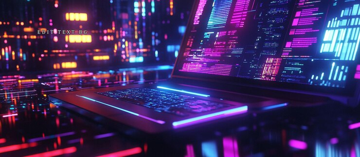 PSD laptop futurista con luces de neón vibrantes que muestran flujos de datos