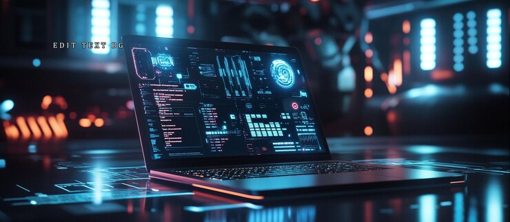 PSD laptop futurista que muestra análisis de datos e información digital en la pantalla en un entorno tecnológico oscuro