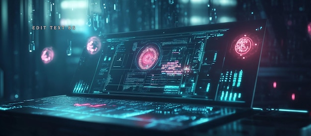Laptop futurista que muestra complejas interfaces de datos brillantes y partículas digitales