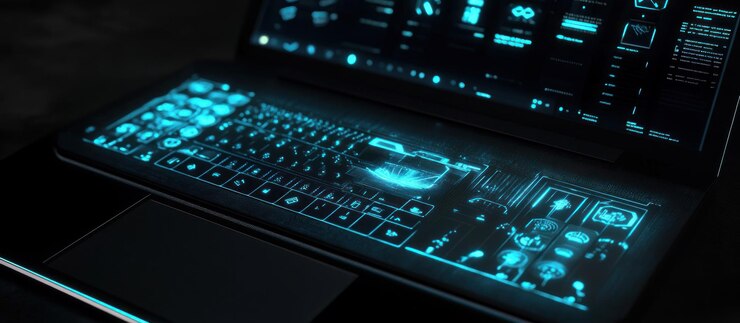 PSD laptop futurista con teclado brillante y pantalla que muestra la interfaz digital