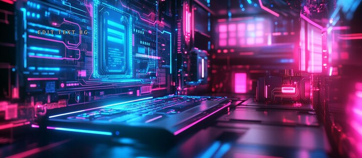 PSD laptop futuristico illuminato al neon in un cyberspace digitale