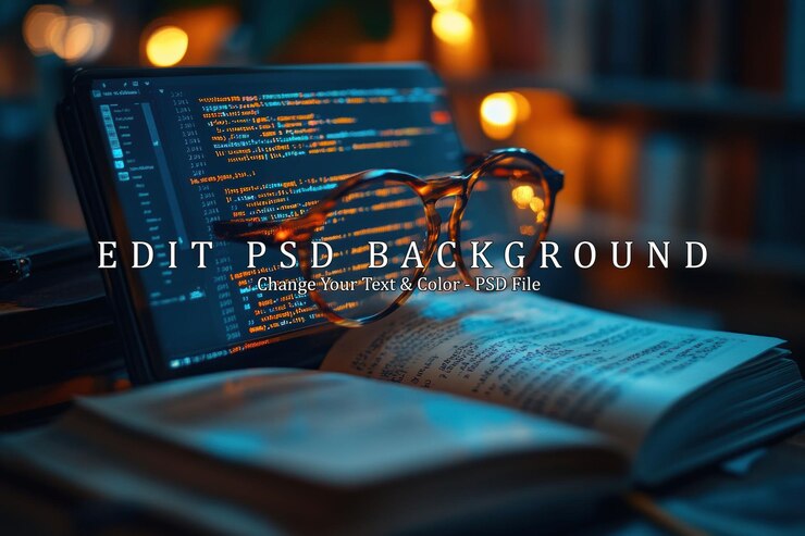PSD laptop con gafas en un libro abierto