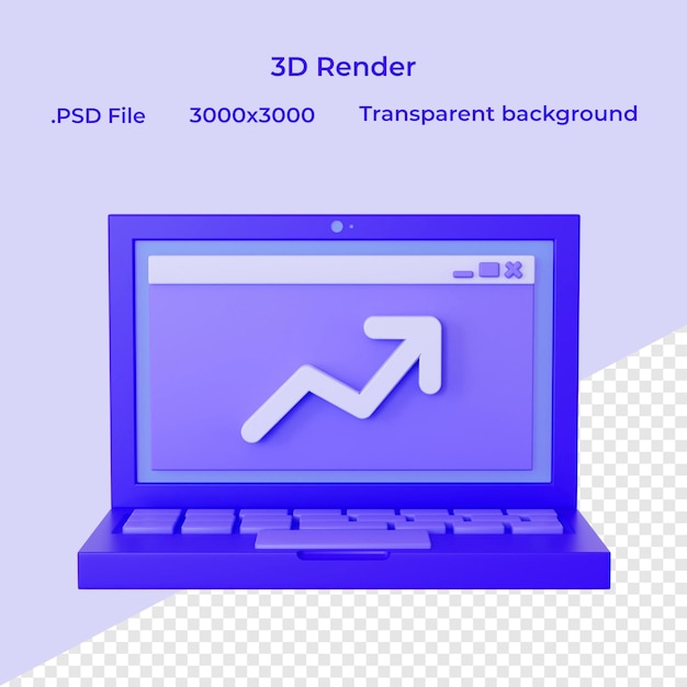 PSD laptop con gráfico de tendencia alcista sobre fondo transparente 3d render