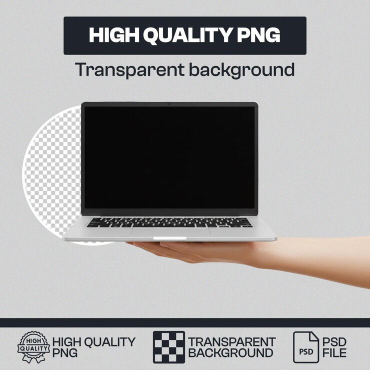 PSD laptop en la mano con fondo transparente