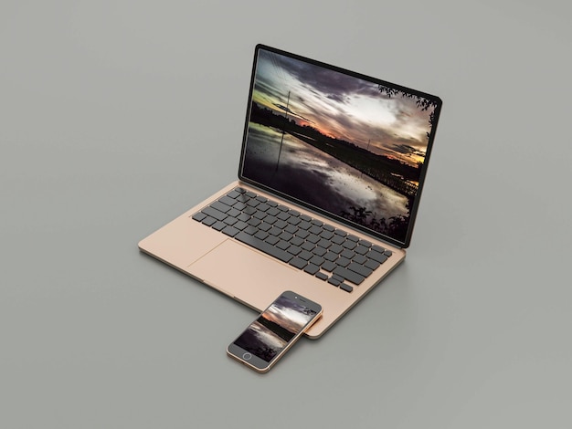 Laptop con maqueta de teléfono inteligente